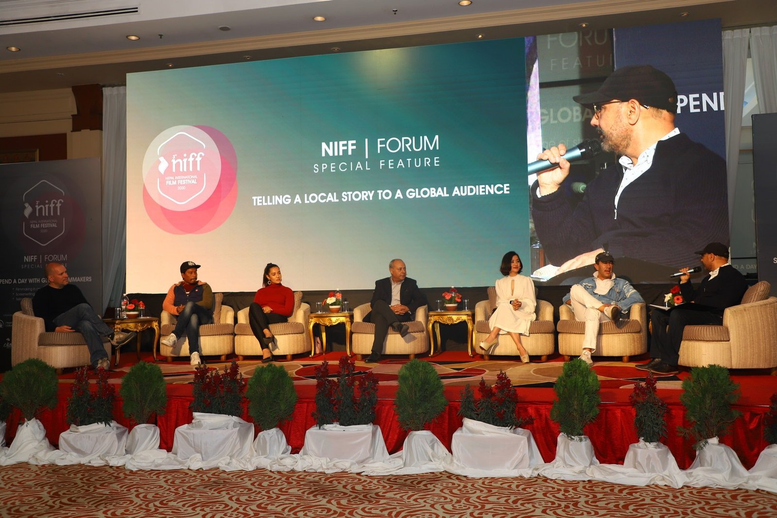 Panellists on stage at the NIFF Forum special feature, Telling a Local Story to a Global Audience, in Kathmandu